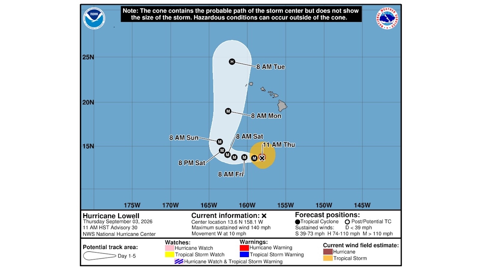 The predicted path of Hurricane Lowell this weekend.
