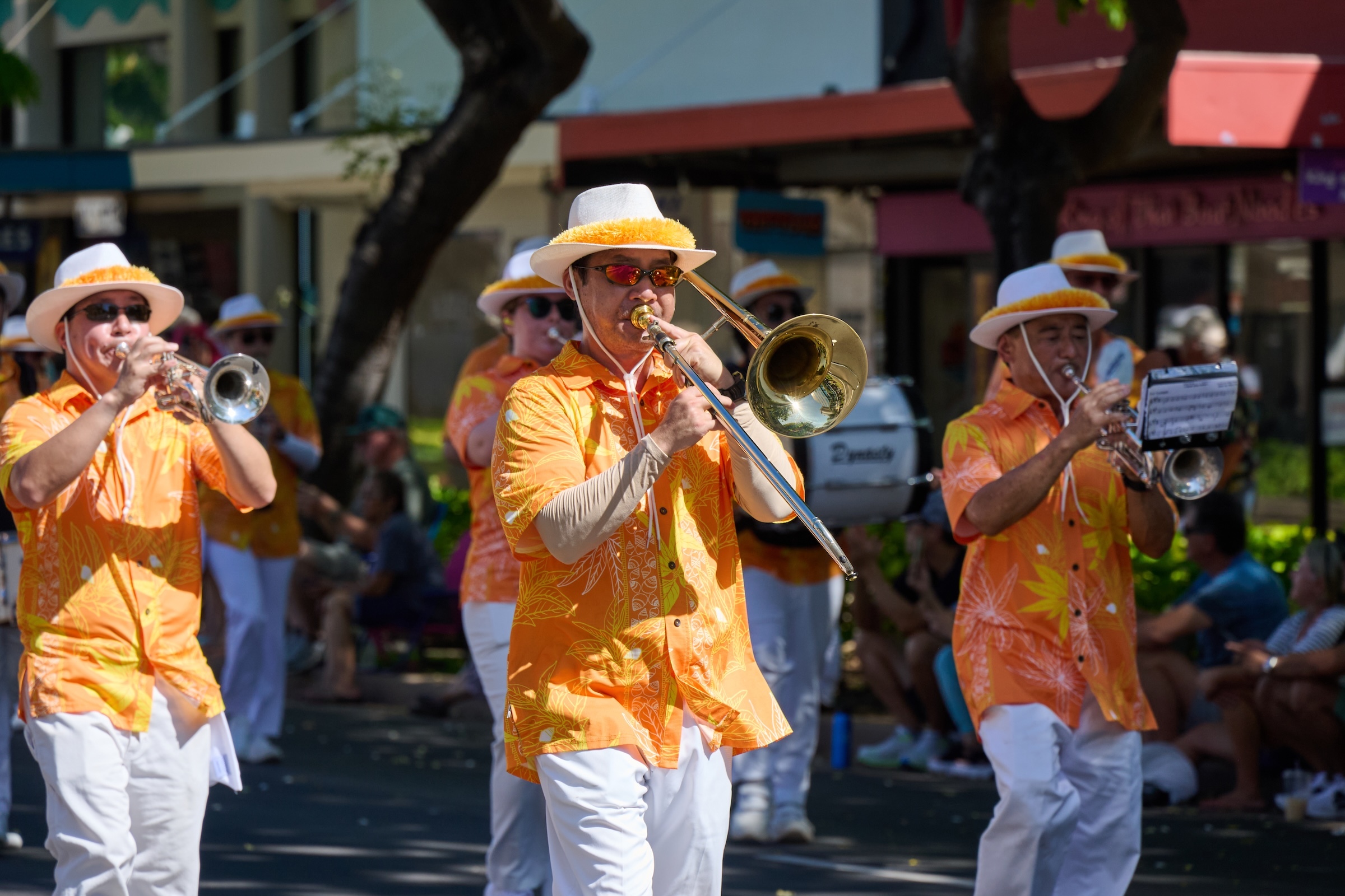 Bands are featured in the floral parade.