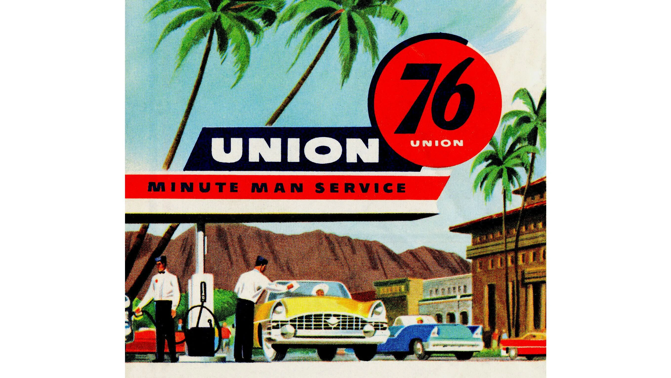 1950s advertising illustration of a Union Oil 76 gas station