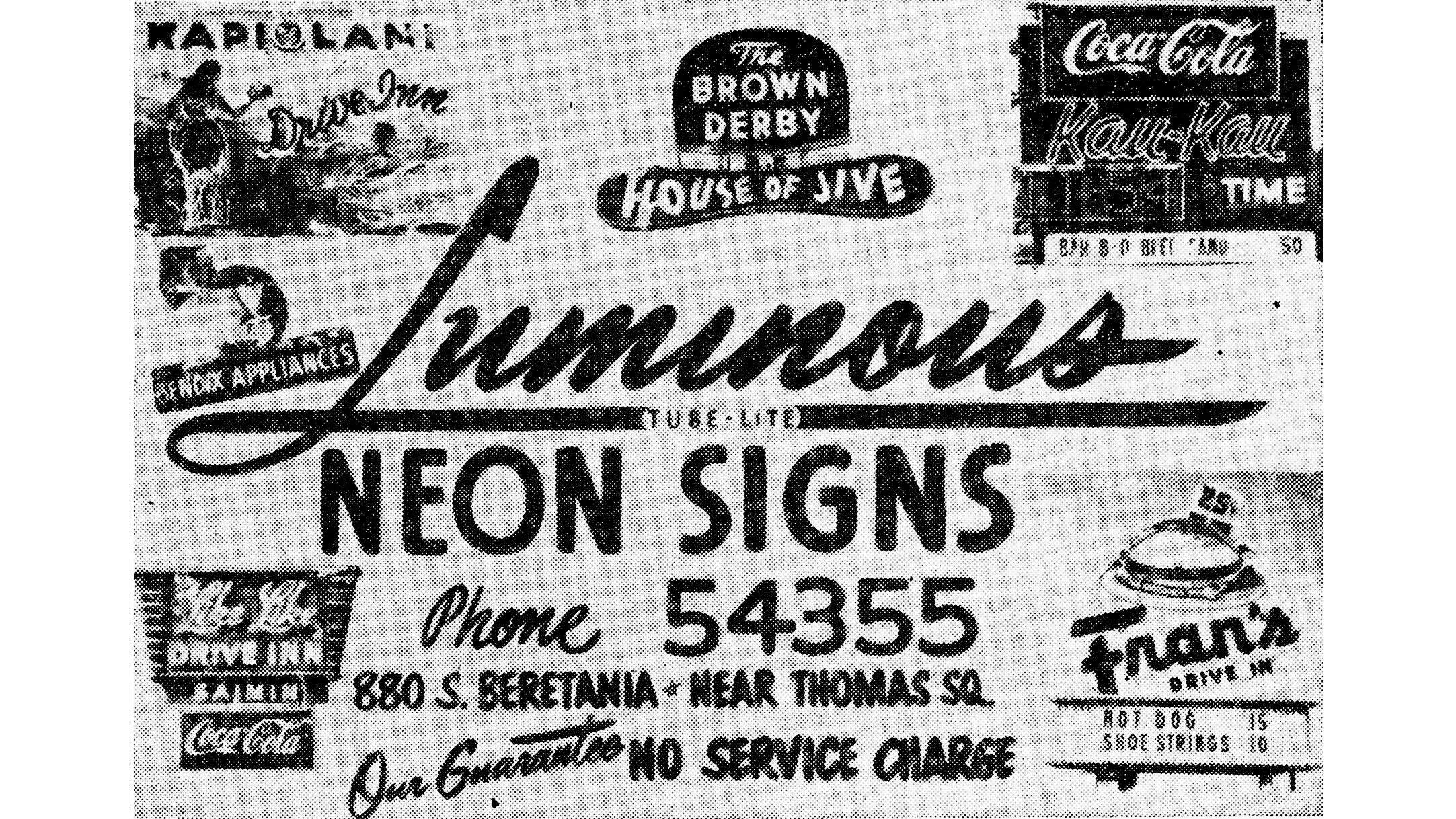 1954 ad for Luminous Neon Sign company, Honolulu