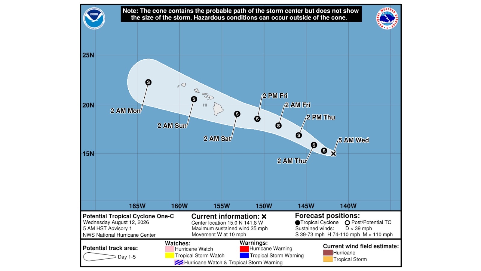 A National Weather Service projection of the probable course of the storm.