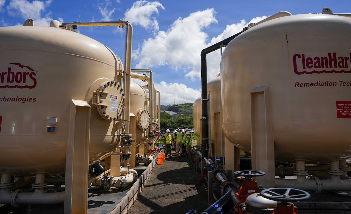 Navy staff and officers observe the Red Hill Shaft granular activated carbon filtration system during a site visit to the Red Hill Bulk Fuel Storage Facility (RHBFSF) in Honolulu, May 12, 2026