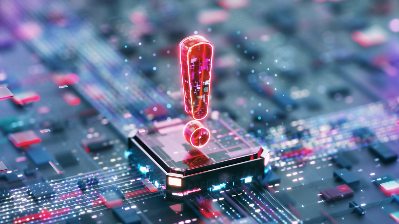 Futuristic Digital Alert Icon on a Circuit Board with Vibrant Neon Colors Representing Cybersecurity and Network Warning Concept AI