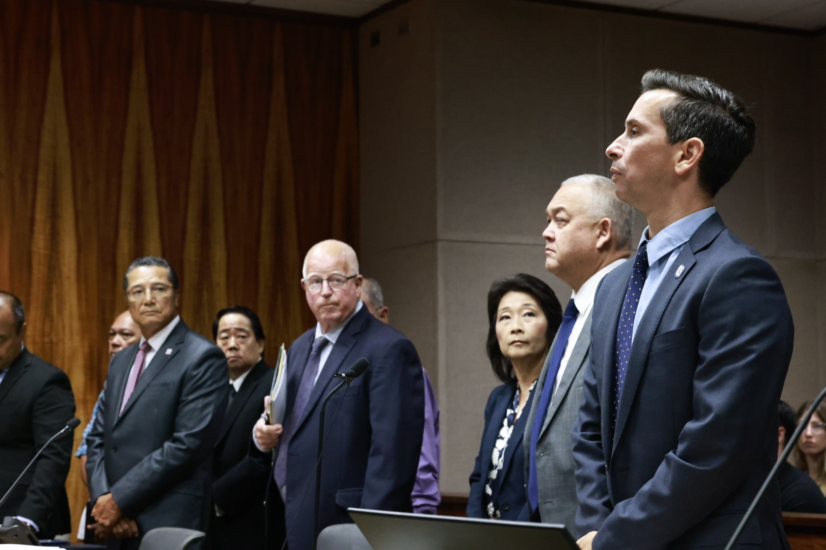 Hawaiʻi Lieutenant Governor Sylvia Luke, with attorney Richard Sing, Ford Fuchigami, with attorney Eric Seitz, Ryan Yamane, with attorney Robert Harrison, and Leo Asuncion, with public defender Edward Aquino, appear for arraignment in the Circuit Courtroom of Judge Ronald Johnson, Thursday, July 29, 2026, in Honolulu.