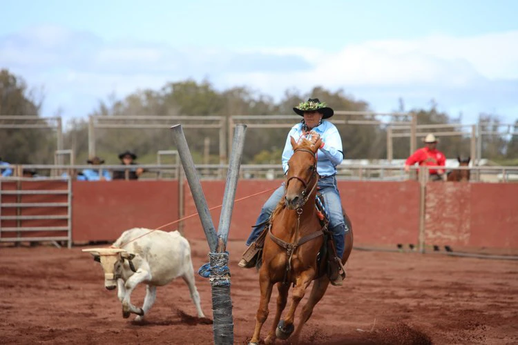Fifth generation rancher DeeDee Keakealani Bertelmann competes in the Poʻo Wai U event, which is specific to Hawaiʻi.