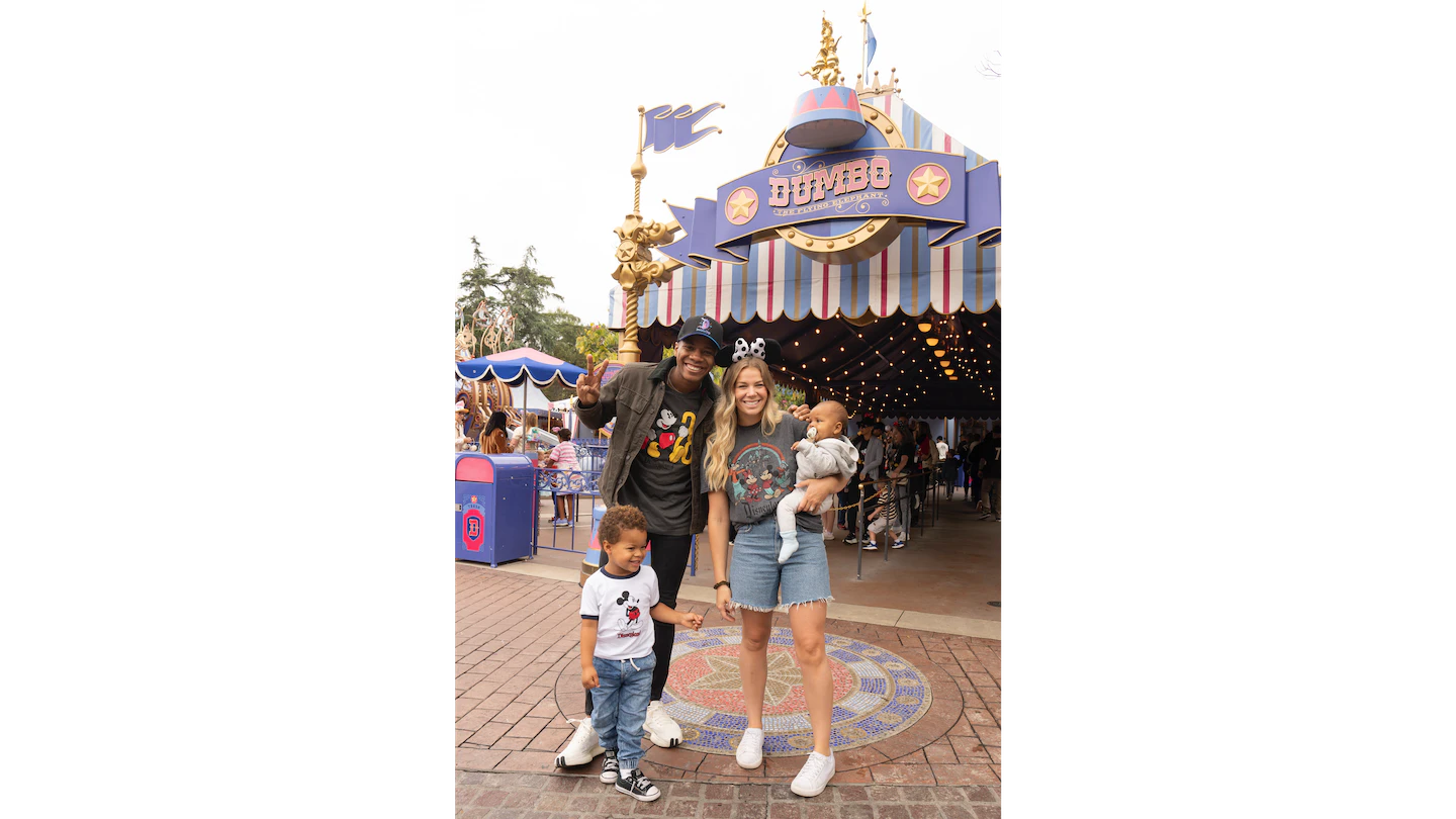 The top seven contestants, including Thunderstorm Artis, shown here with his wife, Faith, and their kids, traveled to Disneyland Resort to perform Disney classics and celebrate Mother’s Day.