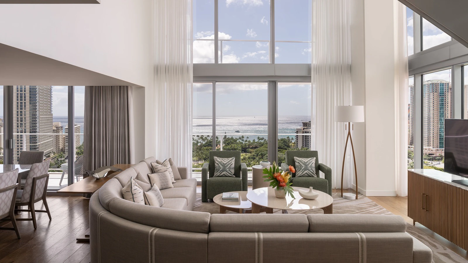 The living room of a four-bedroom suite, part of The Ritz-Carlton Residences, Waikiki Beach's newly debuted Ritz-Carlton Suite Collection.