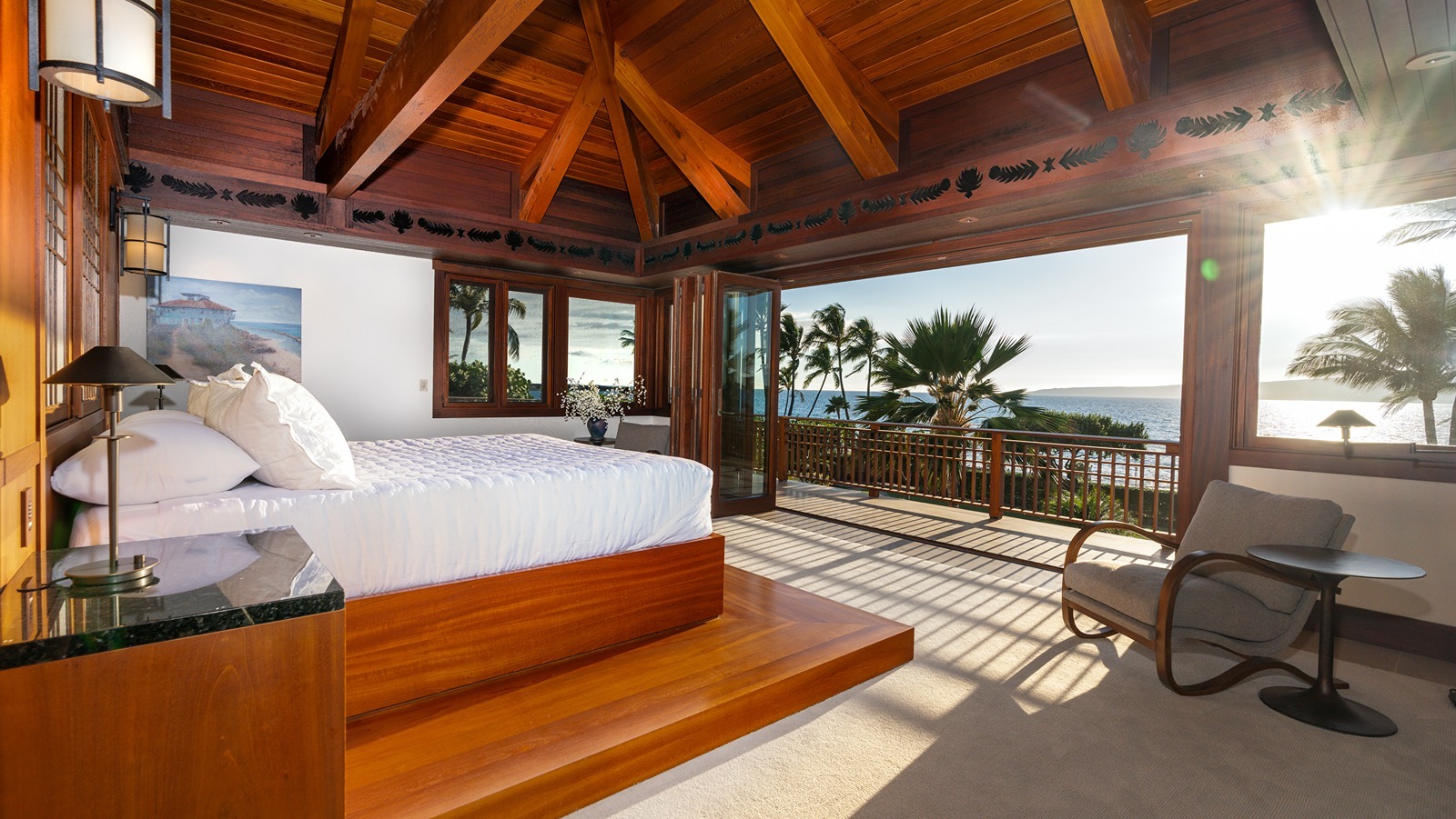 A bedroom with ocean views