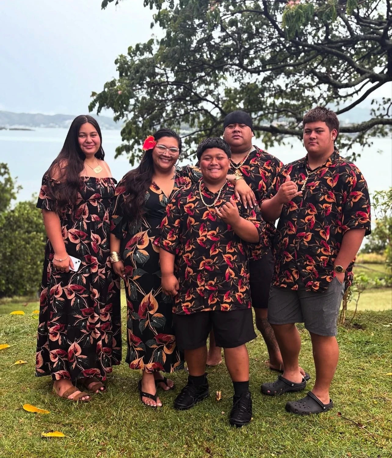 The Ahuna family pictured in matching alohawear.