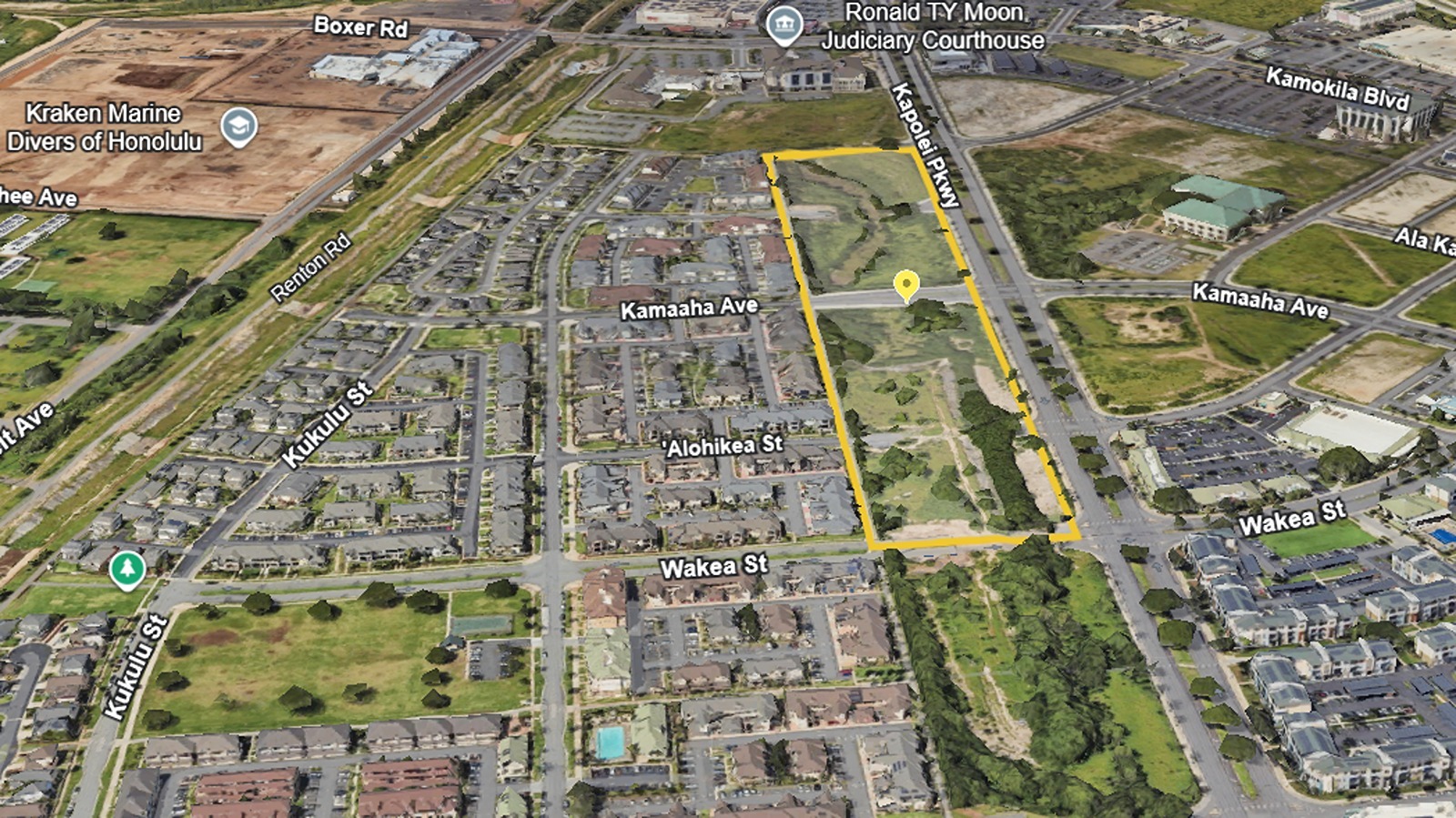 An aerial view of the nearly 14-acre city-owned Kapolei Parkway site between Wakea Street and Kamokila Boulevard.