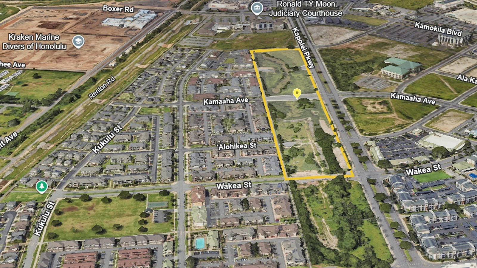 An aerial view of the nearly 14-acre city-owned Kapolei Parkway site between Wakea Street and Kamokila Boulevard.