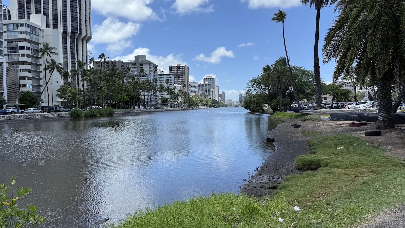 The Ala Wai Canal pictured from the Waikīkī-Kapahulu Public Library end. Photo taken May 3, 2025.