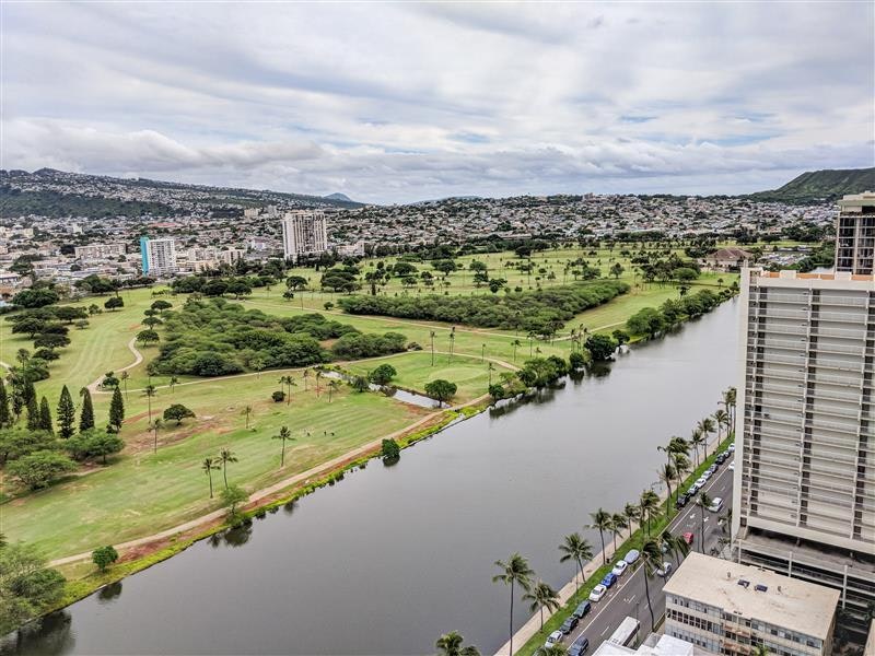 A photo of a man-made waterway in Waikiki.