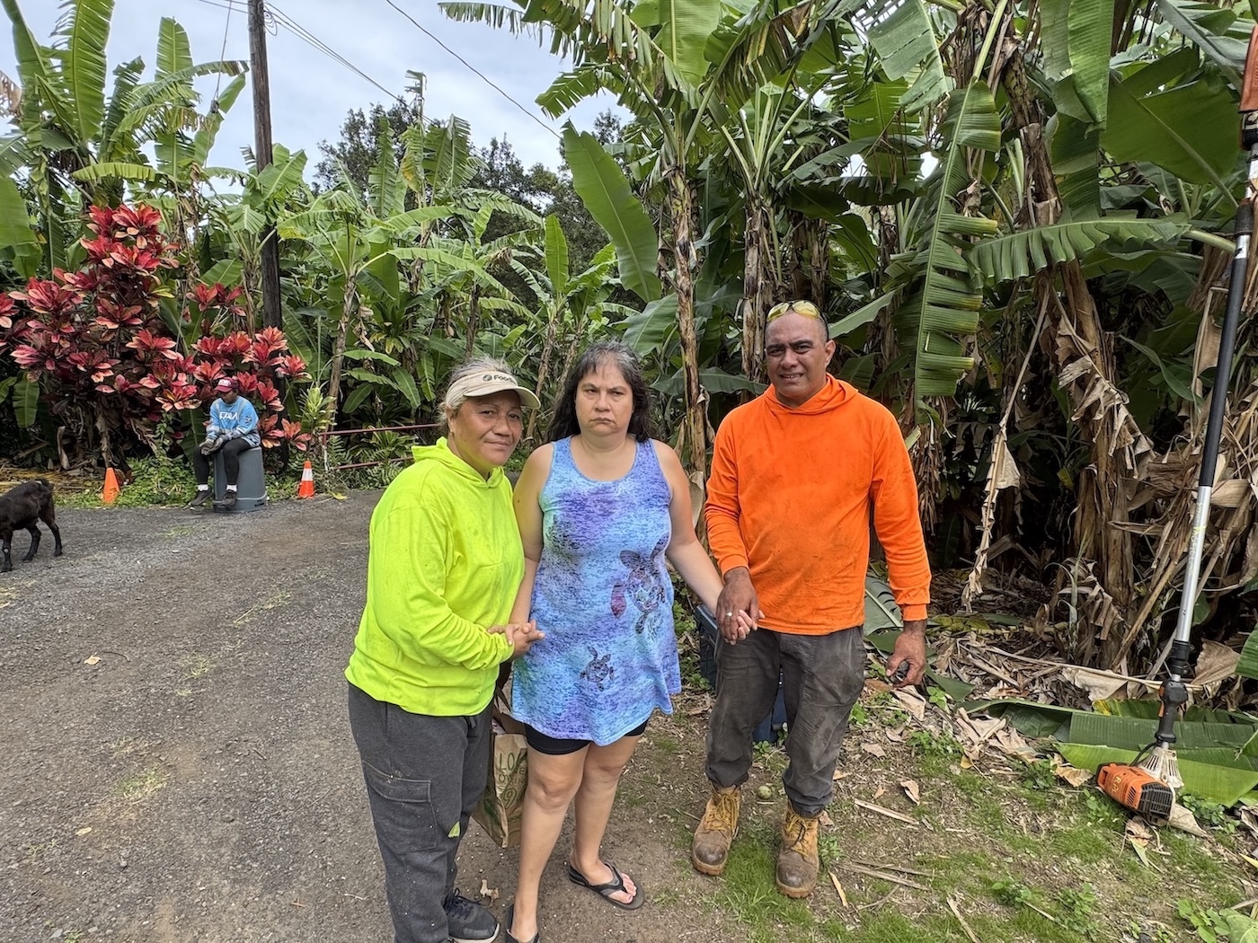 Malia “Angel” Chang, center, pictured with tree trimmers Enilose, left, and Oka, right.