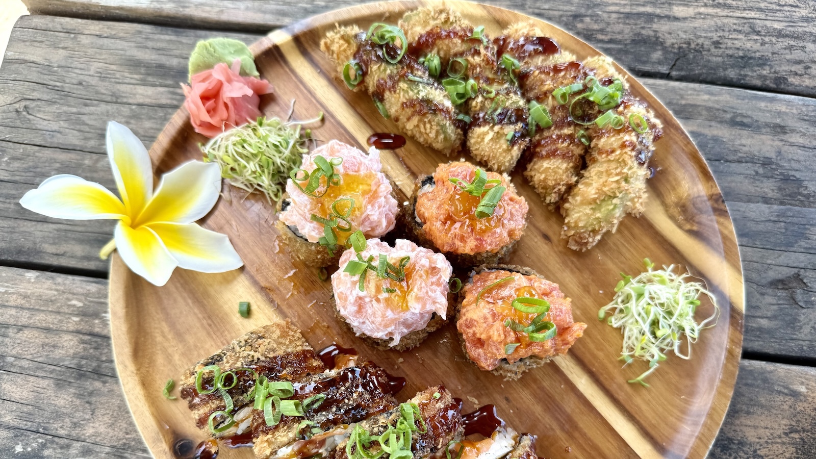 sushi platter with avocado tempura
