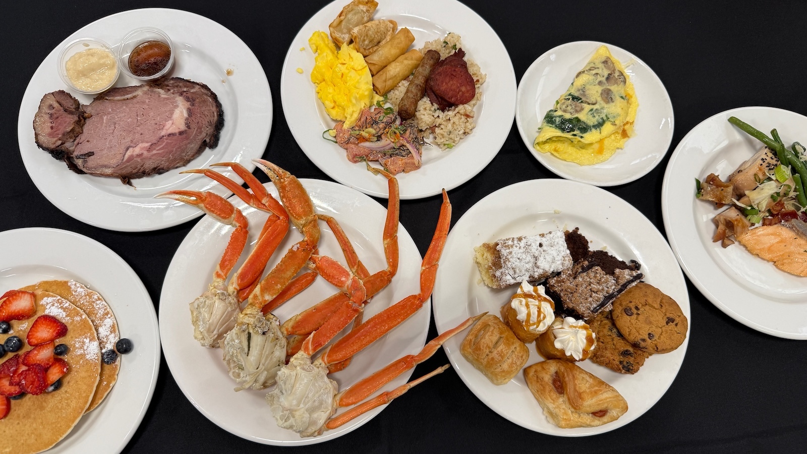brunch spread with crab legs and prime rib
