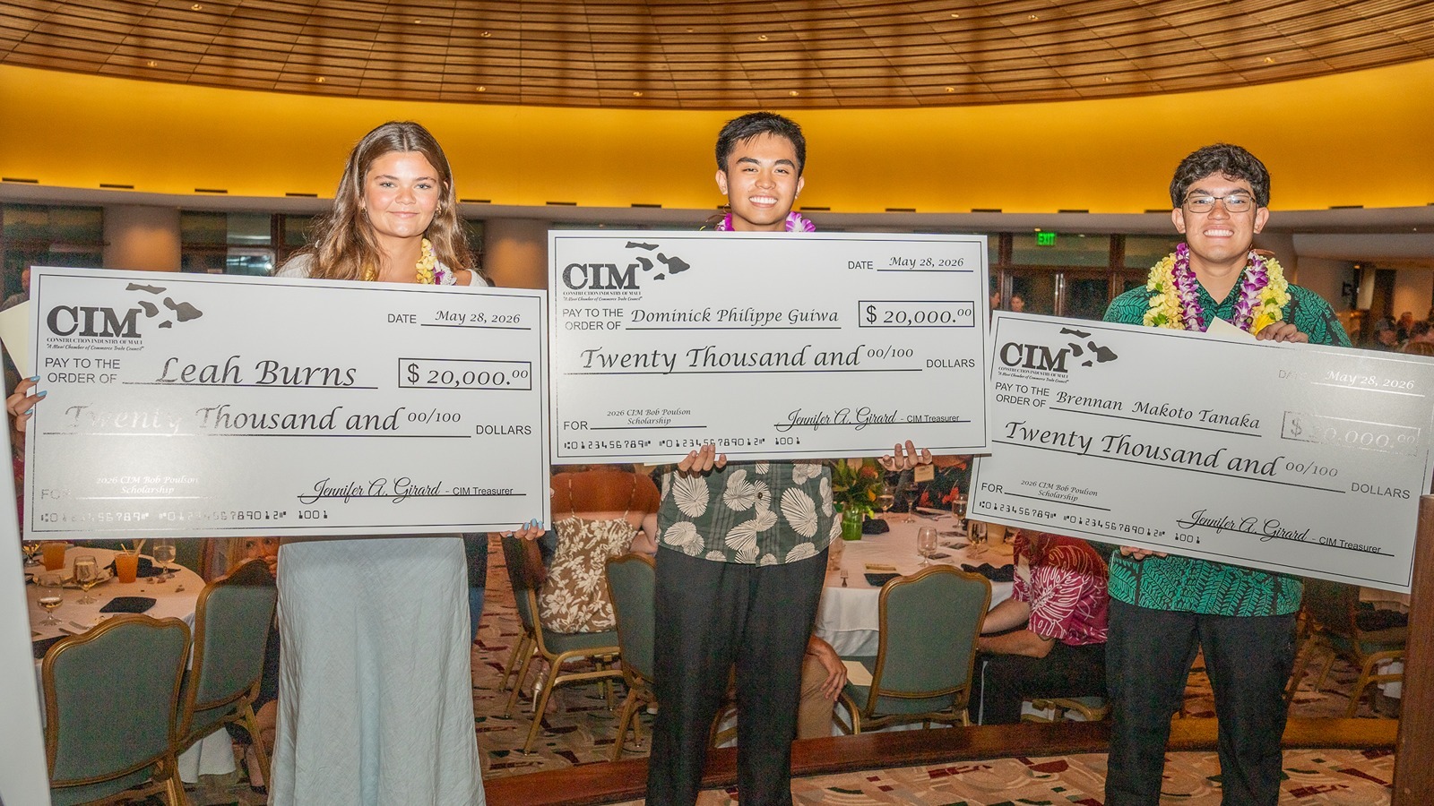 The Construction Industry of Maui recently awarded three Maui County high school graduates each a $20,000 scholarship to encourage education toward a career in the construction industry. Receiving scholarships this year are, from left,  Leah Burns, Dominick Guiwa and Brennan Tanaka.