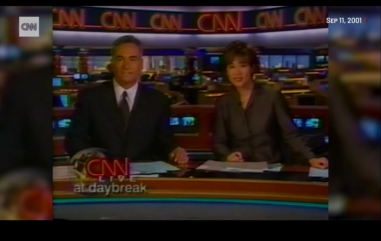 CNN Anchors Vince Cellini and Carol Lin, right, on the morning of 9/11 just before the terrorist attacks.