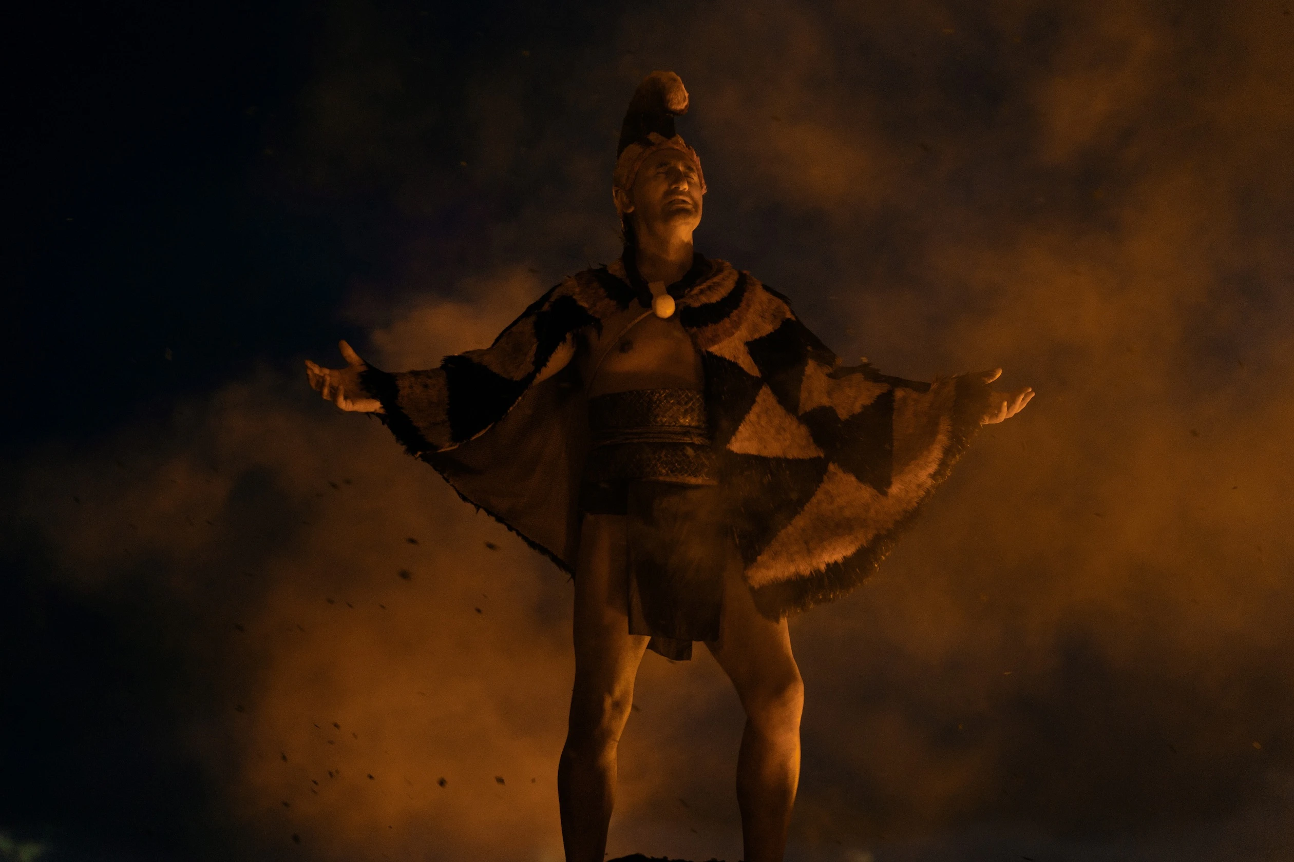 Cliff Curtis plays Keōua in “Chief of War.” He is shown here in the season finale, which goes live Friday, Sept. 19. The episode features a battle on lava fields, which was filmed on Hawaiʻi Island.