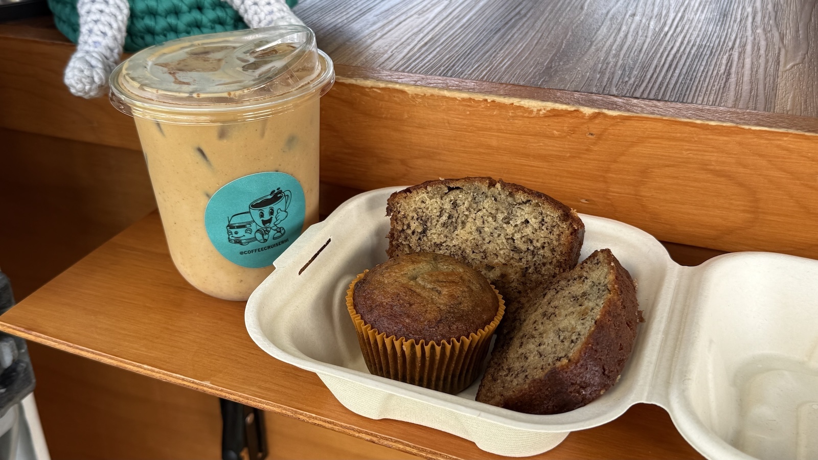 Banana bread latte ($8) and banana bread ($3). Photo by Kelli Shiroma Braiotta