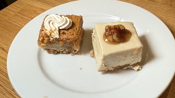 pumpkin crunch and caramel pecan cheesecake