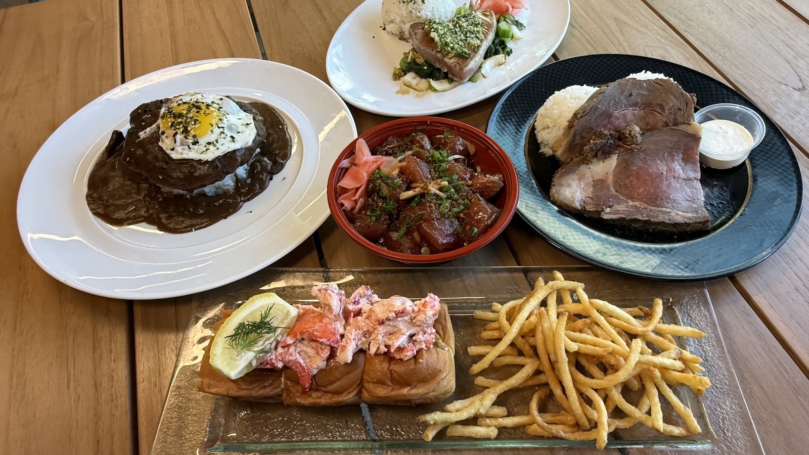 lobster roll, loco moco, fresh catch, prime rib, poke bowl