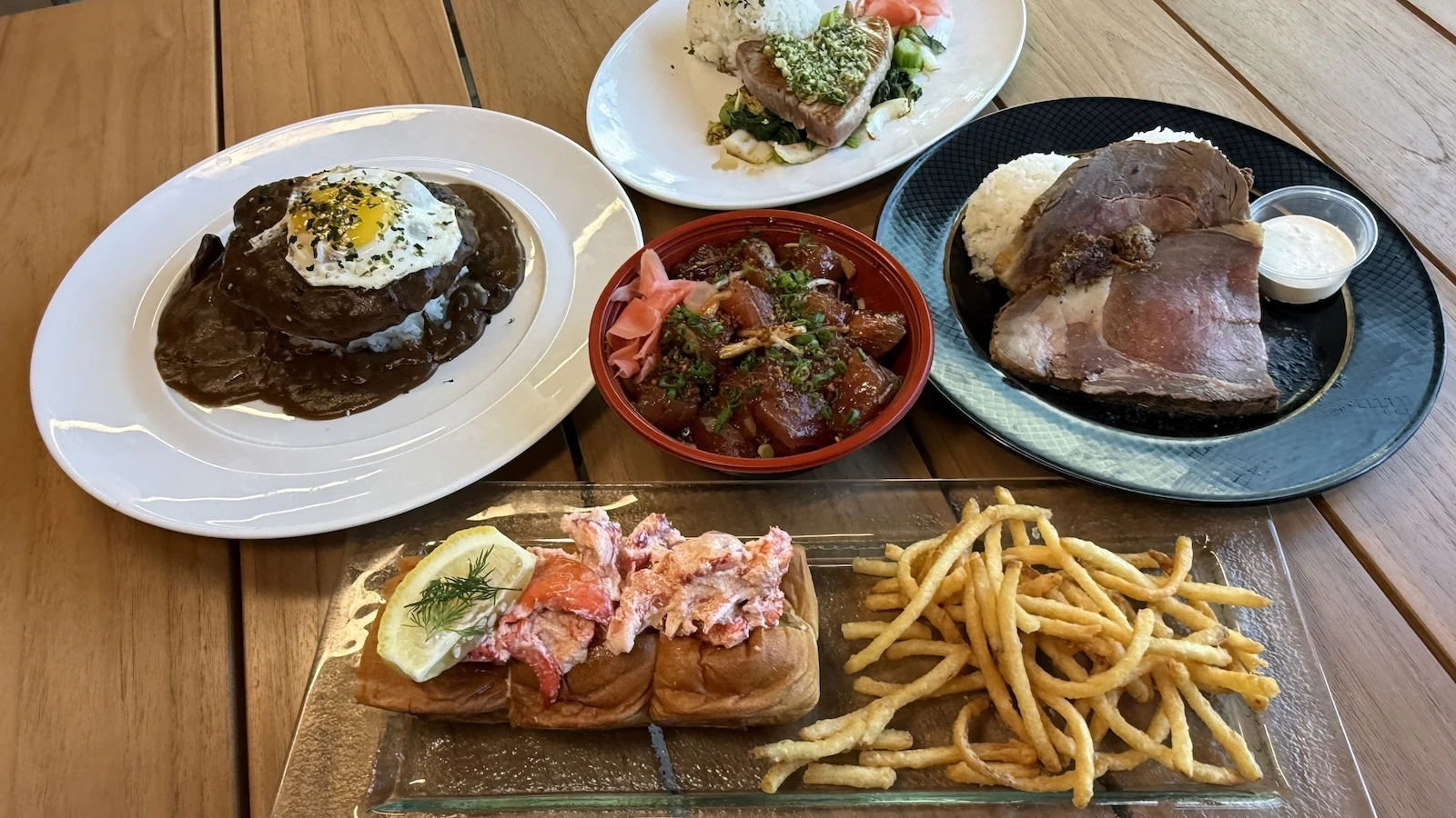 lobster roll, loco moco, fresh catch, prime rib, poke bowl