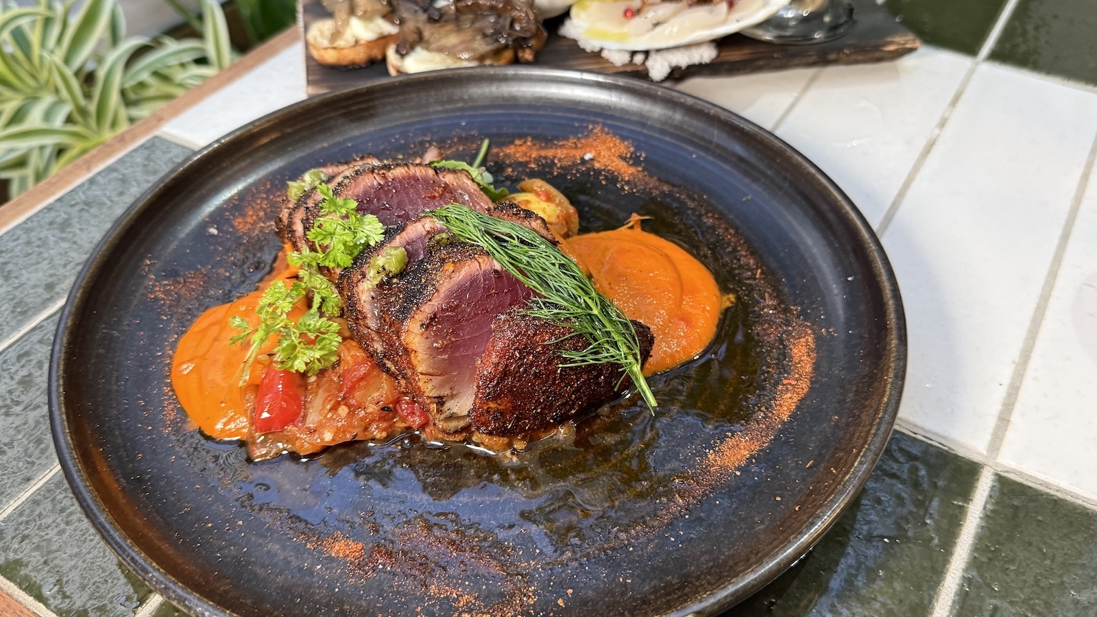 seared 'ahi with Mediterranean sauce