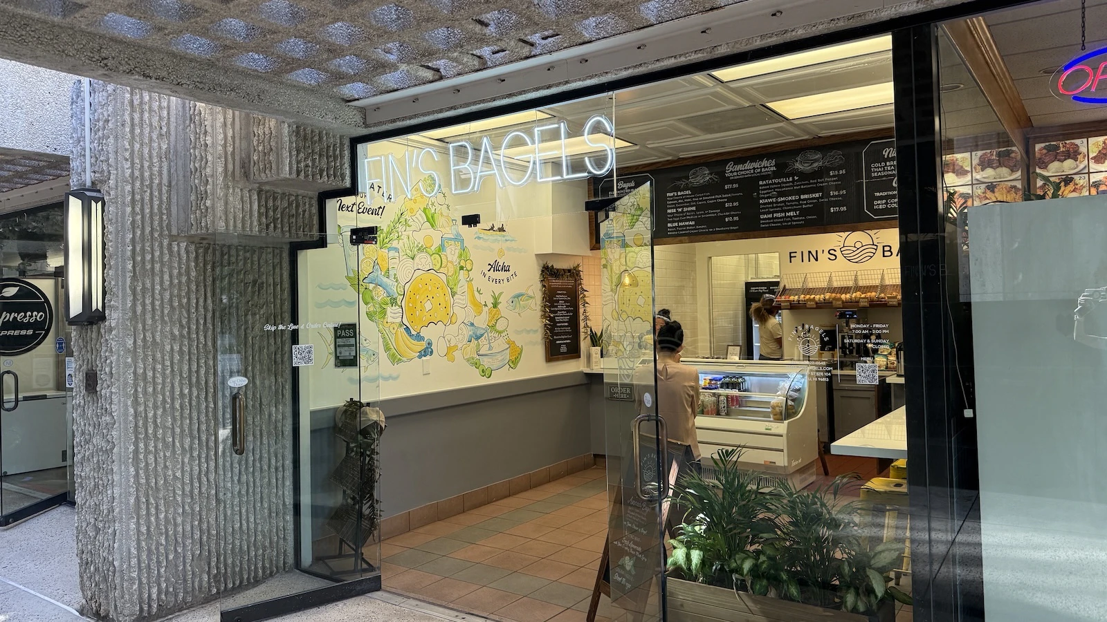 Fin's Bagels sign in downtown Honolulu