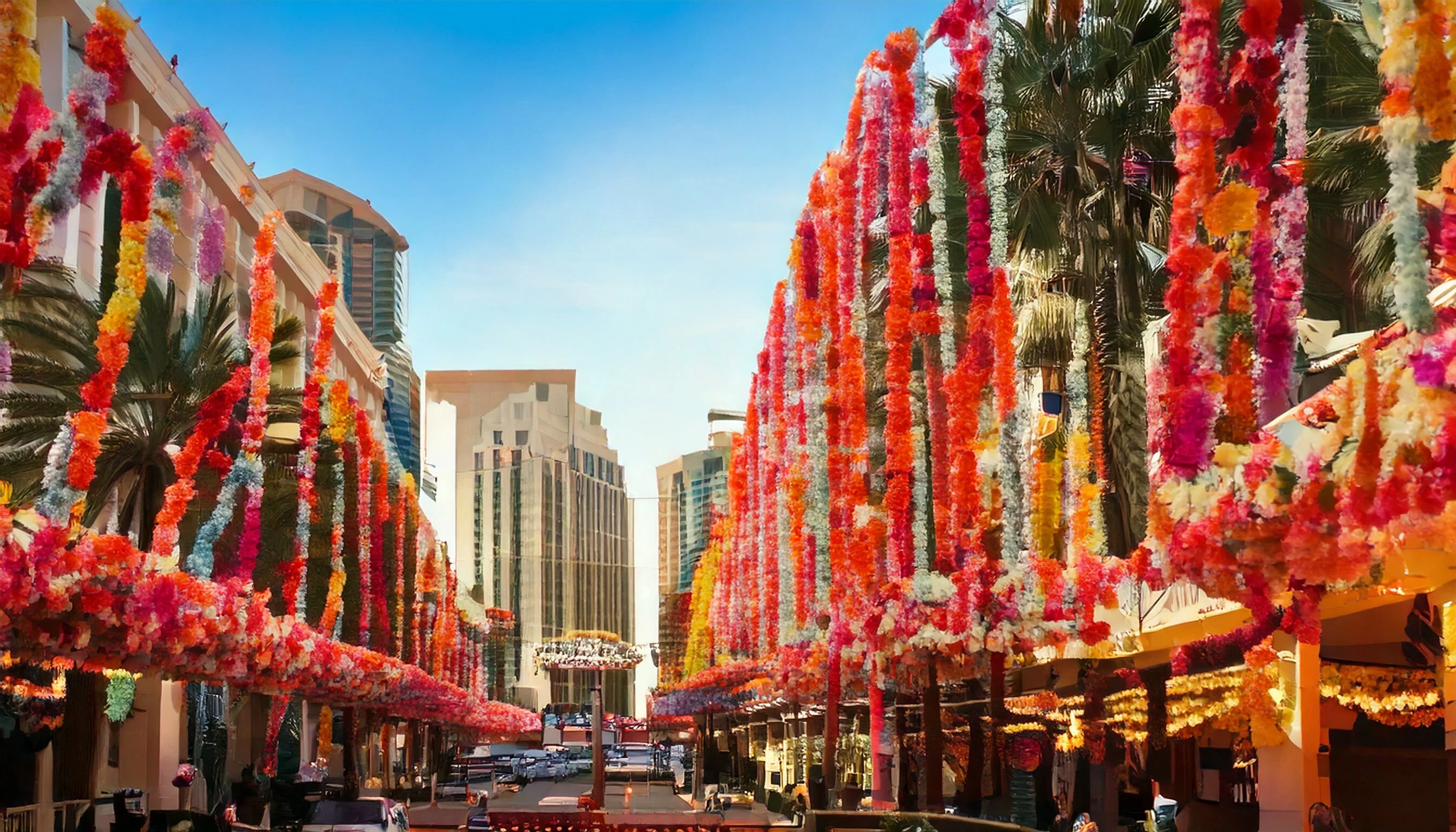 AI illustration os Las Vegas covered in giant lei