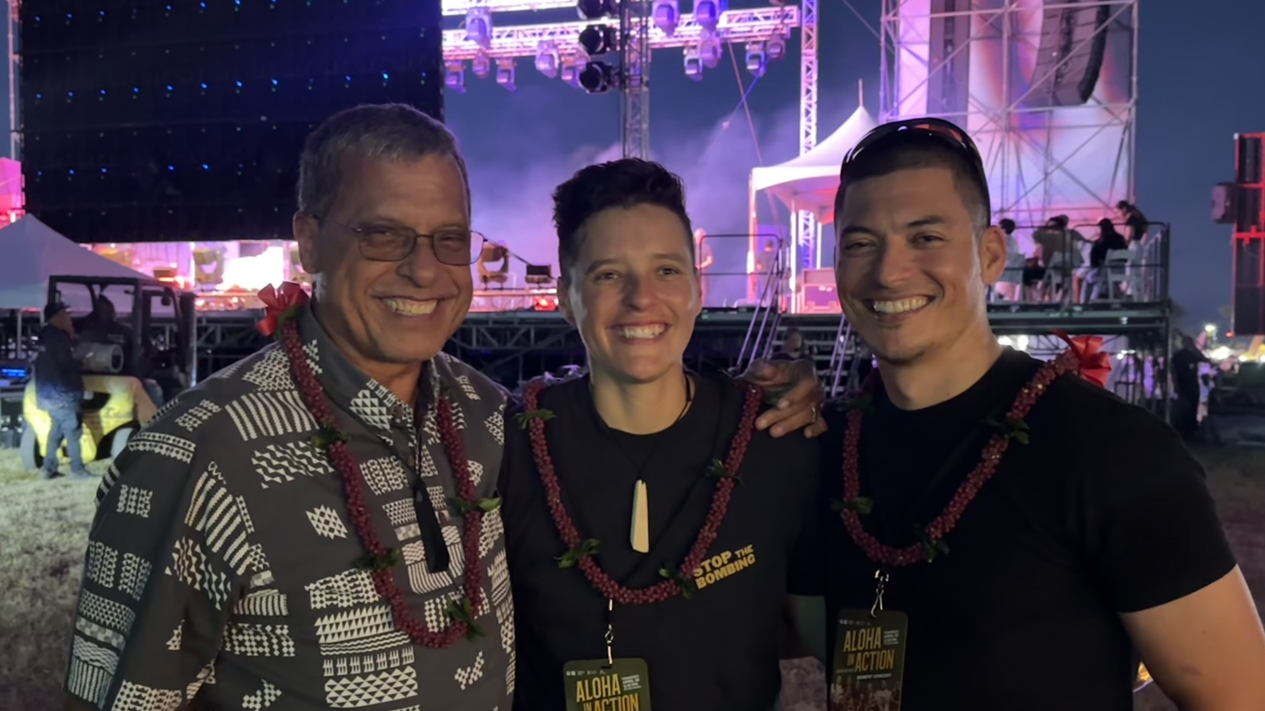 The Osorio ʻOhana performed at the Aloha in Action Benefit Concert on Friday, April 24. From left to right: Jonathan Kamakawiwo'ole Osorio, Jamaica Heolimeleikalani Osorio, and Duncan Kamakana.