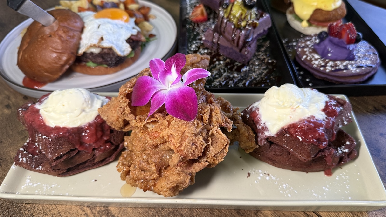fried chicken and red velvet waffles