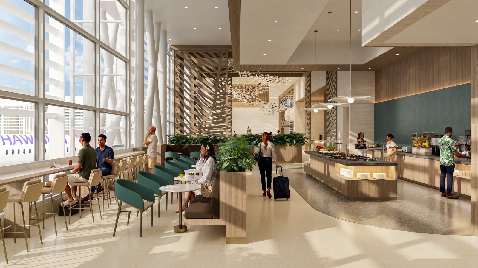 A rendering of the dining area of Hawaiian Airline's planned lounge in Honolulu.