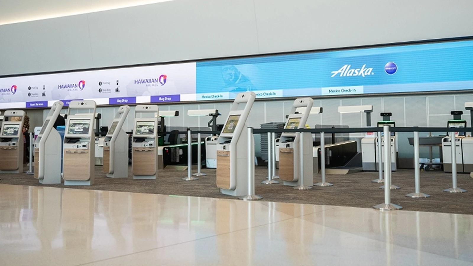 The Hawaiian Airlines and Alaska Airlines shared lobby at San Francisco International Airport.
