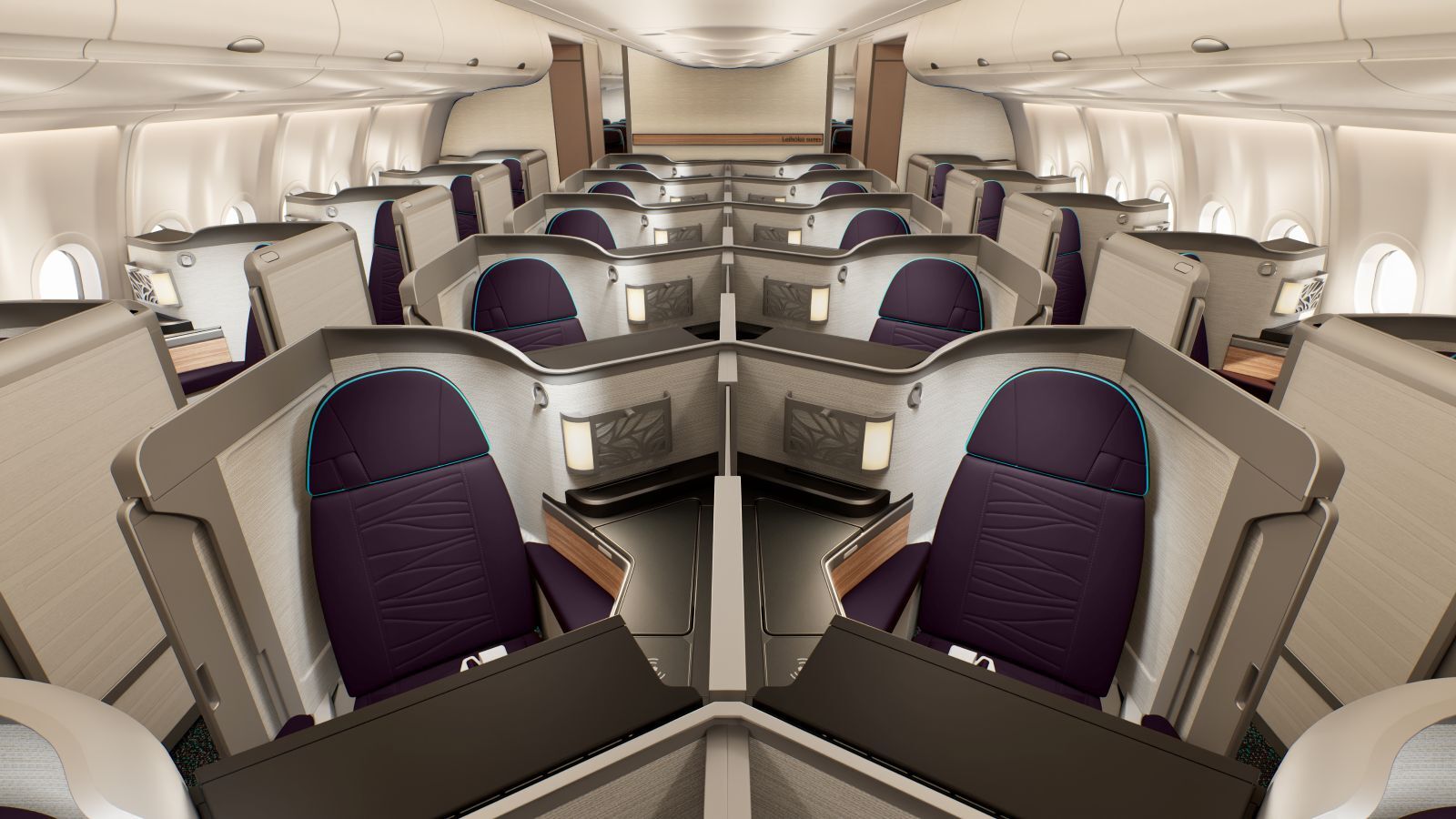 A rendering of the Leihōkū Suites planned for Hawaiian Airlines' A330 fleet.