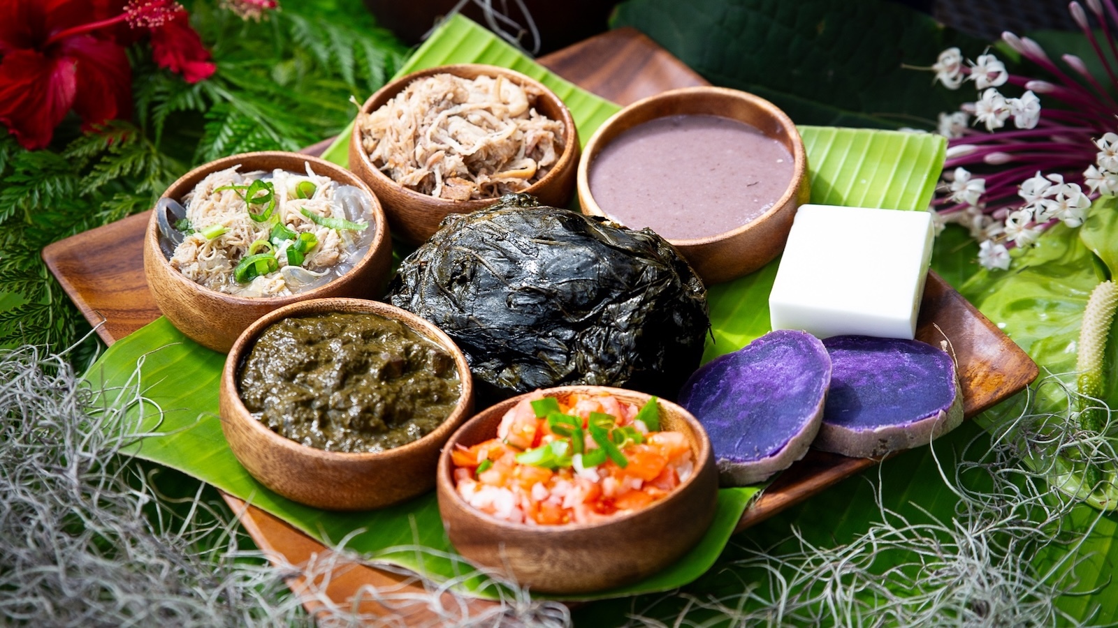 kalua pork, lau lau, lomi salmon