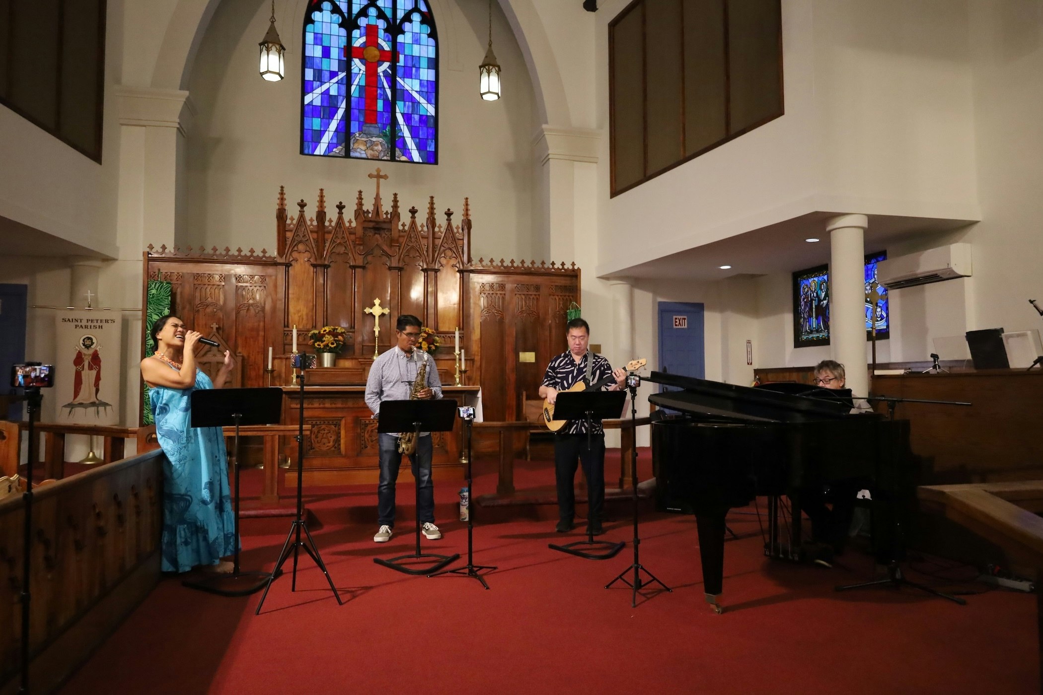 A jazz band pictured at a weekly worship service at St. Peter's Episcopal Church.