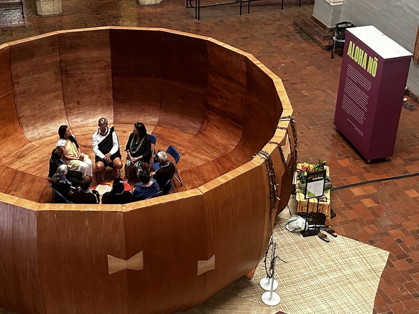 Kumu hula Brad Lum’s hālau gathered for reflection in a giant ʻumeke on Wednesday, Feb. 26, with Meleanna Aluli Meyer. The art installation is part of Hawaiʻi Triennial 2025, which runs through May 4.