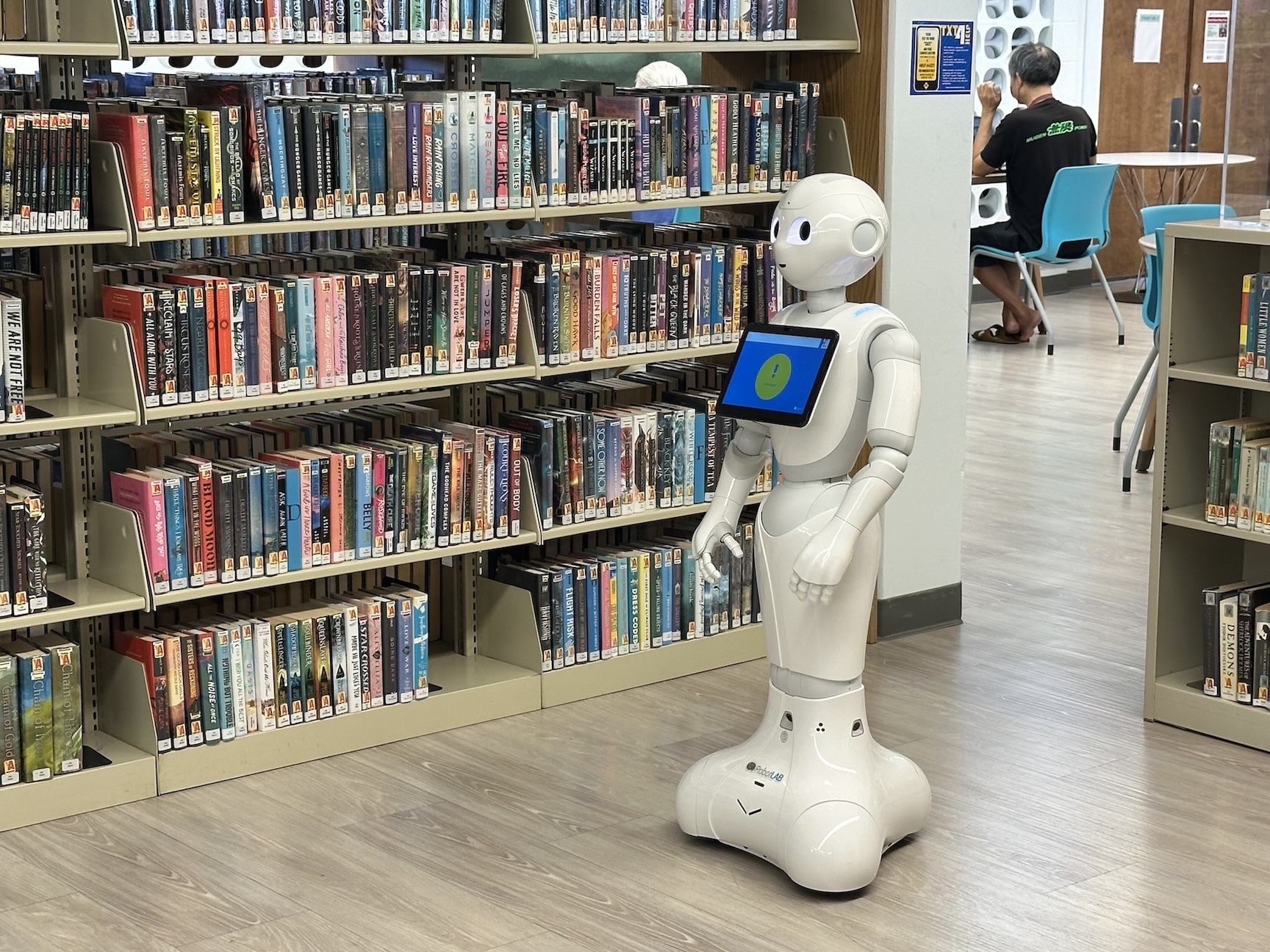 Pepper the Robot lives at the ʻĀina Haina Public Library. She has a travel case, so she can potentially visit other  locations in the public library system.