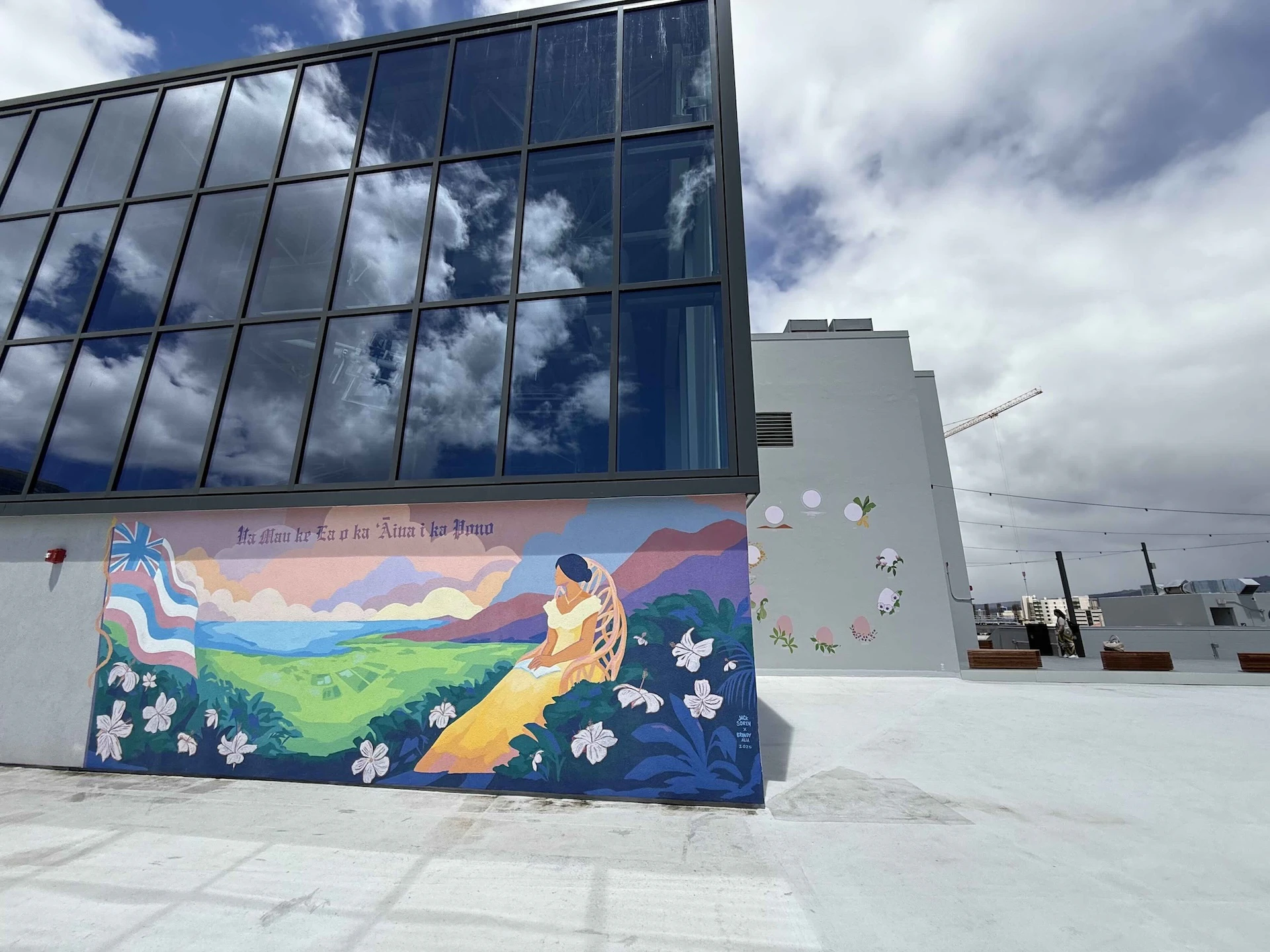 Rooftop murals were created by Jack Soren and Brandy Alia. Liliʻuokalani Center is located at the former Honolulu Club space. For those who remember the pool, that area is now a garden and grass area.