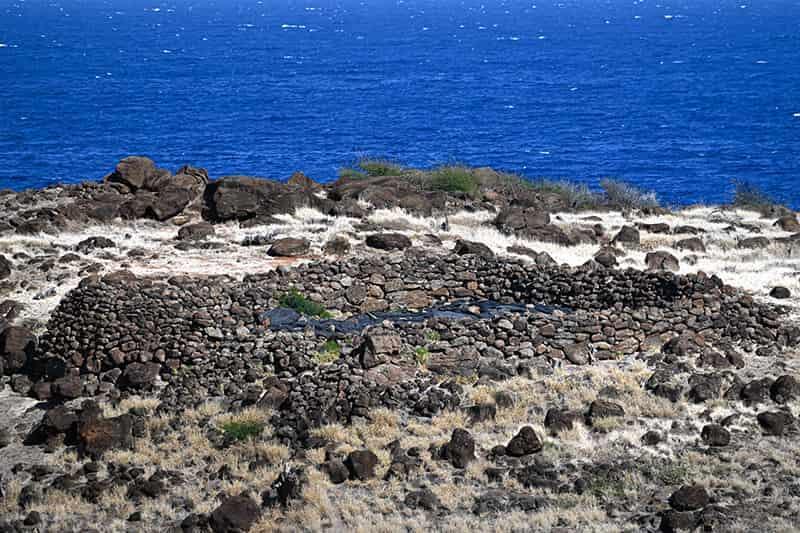 Part of the ‘Ohana’s kuleana on Kaho‘olawe includes monitoring and stabilizing the islands 600 cultural sites and 3,000 physical features. The ‘Ohana has also rededicated and conducted ‘aha (ceremony) at historically significant places such as Hale o Lono, Hale o Papa, Moa‘ulaiki, Moa‘ulanui and Kealaikahiki. This is the traditional Hale Mua in Hakioawa, the largest of the 600 cultural sites stewarded by the ‘Ohana. - Photo: Kat Ho