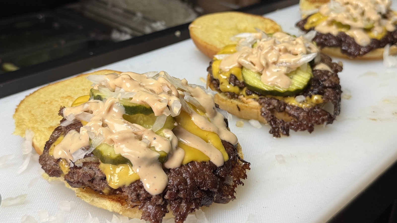 smashburgers being prepared