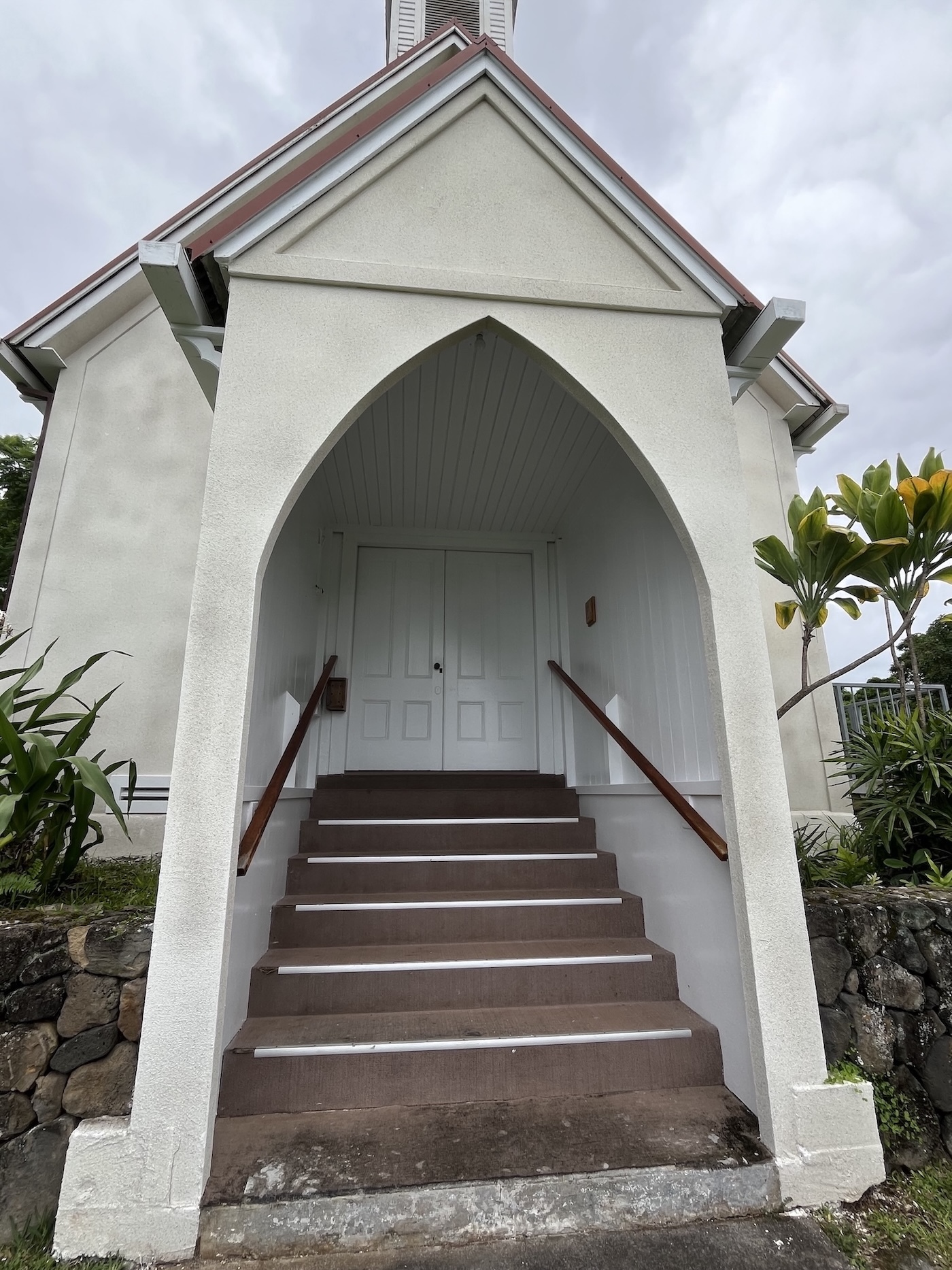 A closeup of the completed makai side of the church.