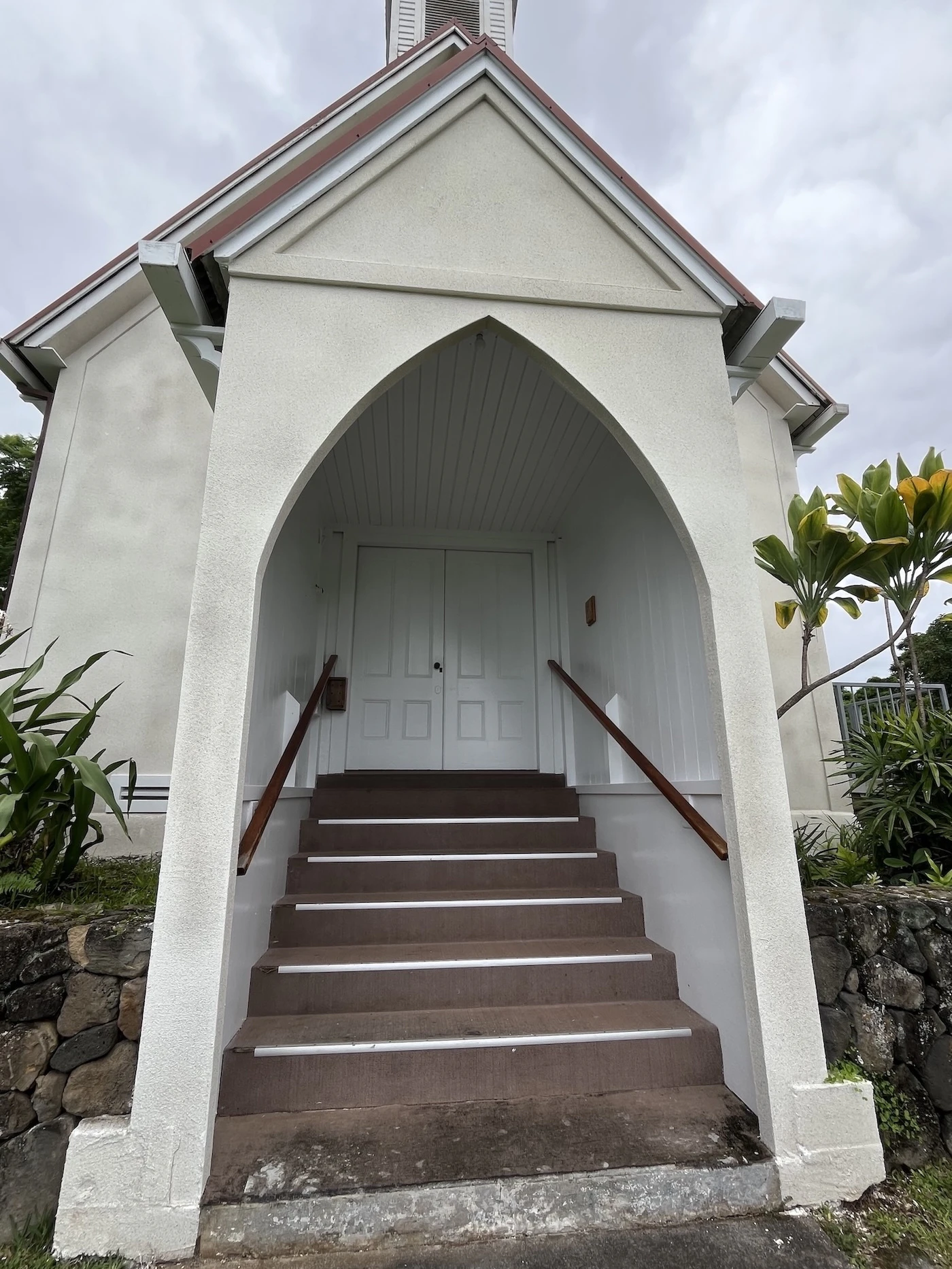 A closeup of the completed makai side of the church.