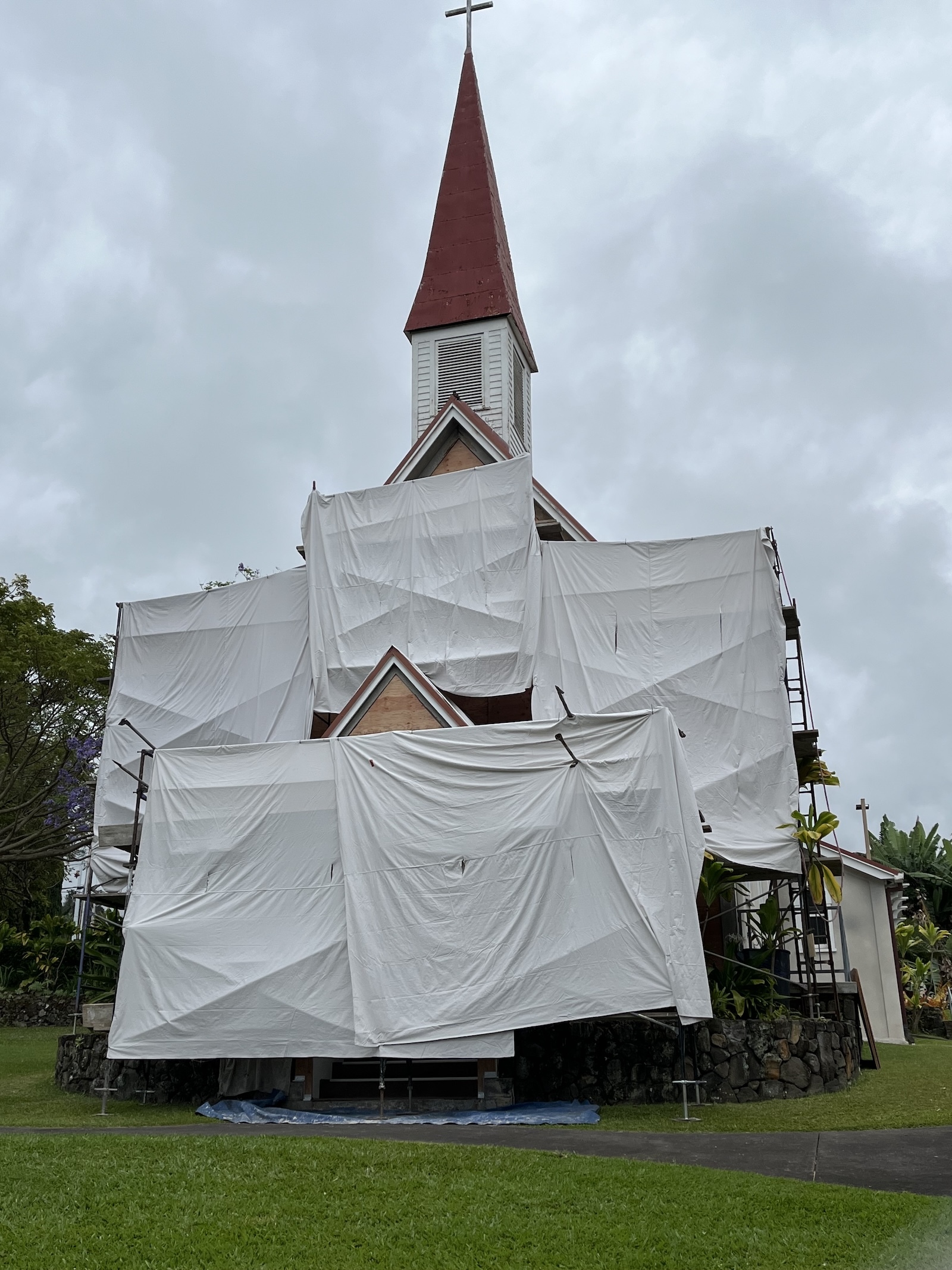 The makai side of the church pictured during the restoration process.