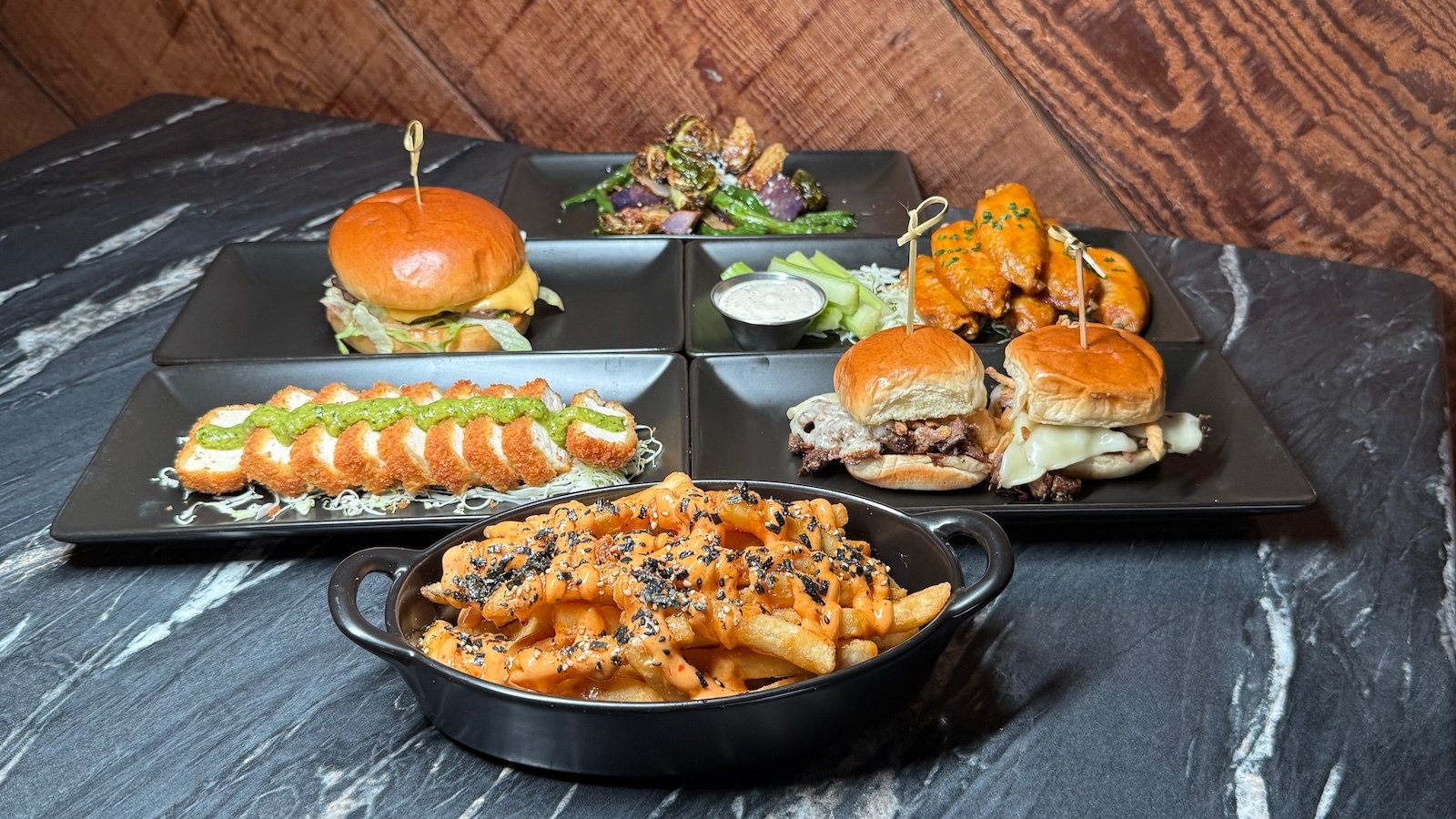 fries, sliders, tofu katsu, smashburger