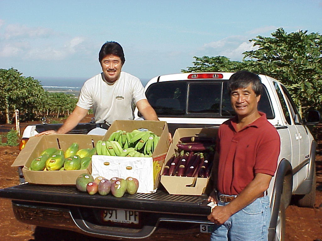 This photo of Melvin Matsuda (wearing the red shirt) and Clyde Fukuyama was taken circa 2005 for the Buy Fresh, Buy Local campaign (now called Buy Local, It Matters). Spearheaded by the Hawai‘i Farm Bureau Federation, the Hawai‘i Department of Agriculture and the University of Hawai‘i’s College of Tropical Agriculture and Human Resources, the campaign encouraged consumers to purchase locally grown produce.