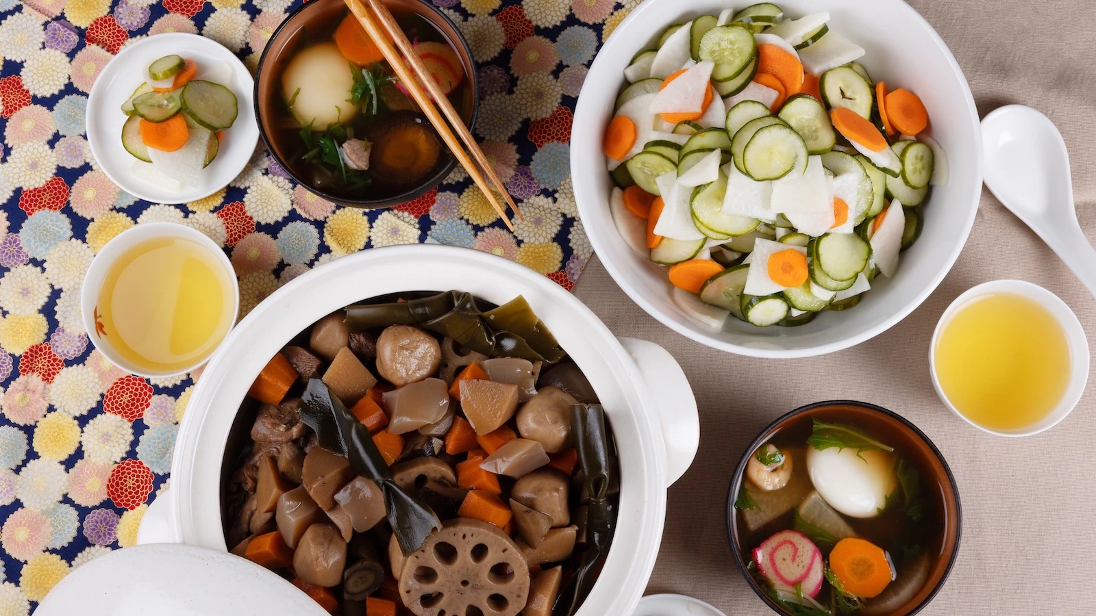 chicken nishime, ozoni soup, namasu