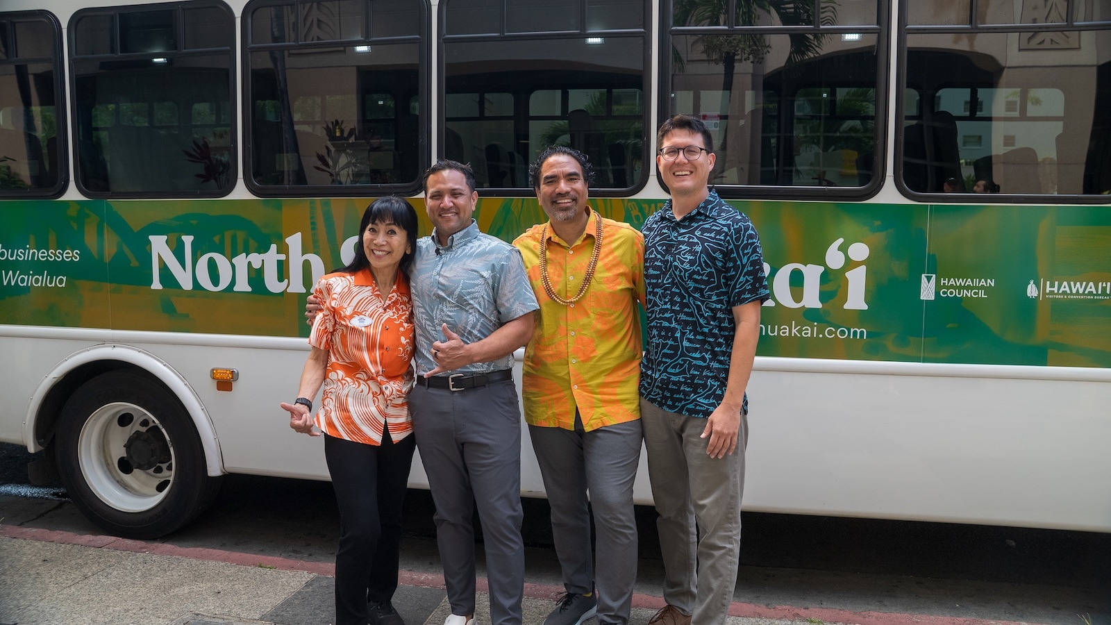 Hawaiian Council, in partnership with the Hawai‘i Visitors & Convention Bureau, E Noa Tours and Hawai‘i Tourism Authority, this week launched North Shore Huaka‘i, a daily shuttle that will take passengers from Ko Olina or Waikīkī to the North Shore. Pictured, from left, are Maki Kuroda, president of E Noa Tours; Kūhiō Lewis, CEO of Hawaiian Council; Dr. Aaron Salā, president and CEO of the Hawaiʻi Visitors and Convention Bureau; and Nick Carroll, chief of staff for Hawaiian Council.
