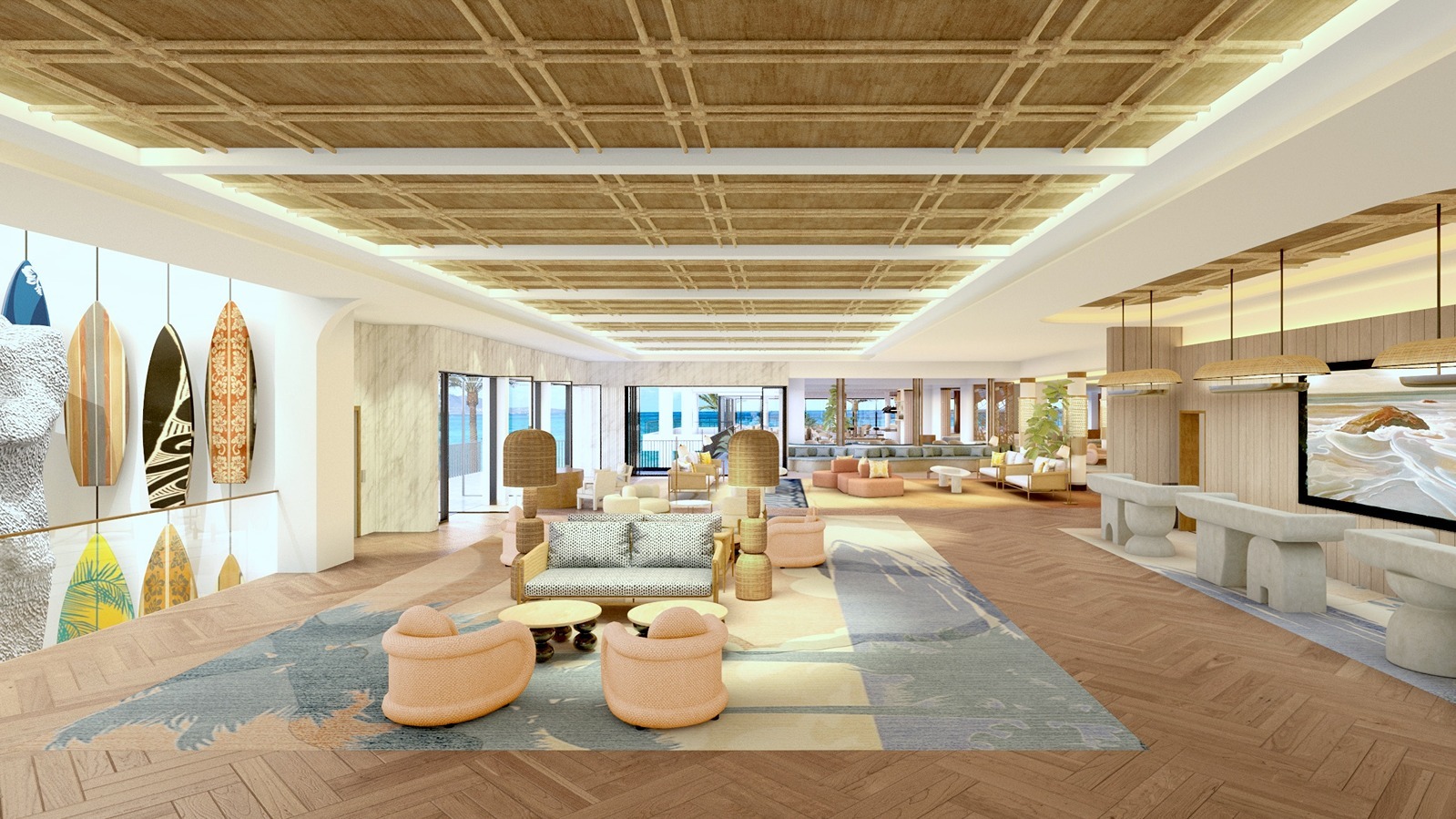 A rendering of the lobby and reception area at Outrigger Waikīkī Beach Resort.